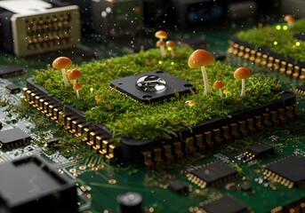 Overgrown Server Motherboard with Moss, Glowing Mushrooms, and Water Drop on Microchip, Nature Reclaiming Technology Concept
