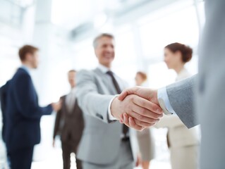 Business partners shaking hands, demonstrating success and collaboration in the modern office