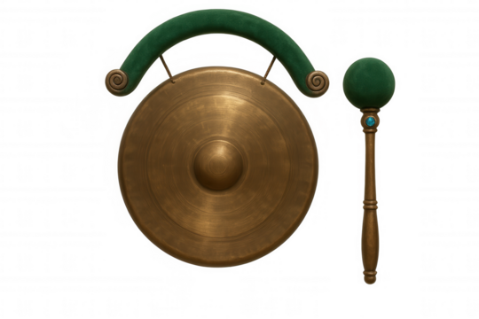 Traditional brass gong with mallet for cultural music and spiritual sounds, isolated on transparent background