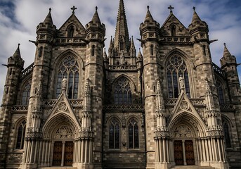 Fototapeta premium Intricate stonework adorns a grand gothic cathedral against a backdrop of soft blue skies