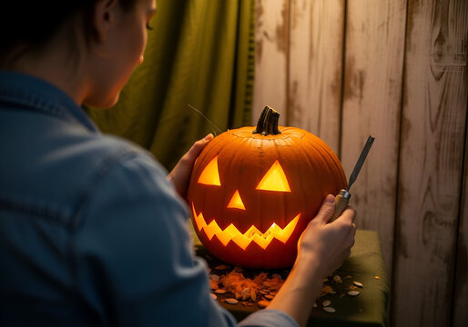 A woman carves a festive jack-o'-lantern with triangular eyes and jagged teeth for halloween. She holds a small tool to create this seasonal decoration.