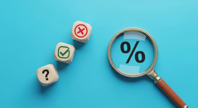 Risk Assessment and Percentage Analysis A Magnifying Glass Focuses on a Percentage Symbol, Surrounded by Dice Marked with Question, Check, and Cross Symbols