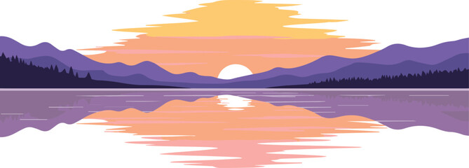 Stunning sunset reflected on calm lake waters with picturesque mountain backdrop and serene atmosphere inspiring peace and tranquility in nature's embrace