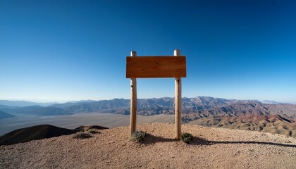 a blank wooden sign stands on two posts atop a desert hill overlooking a vast mountain range under a clear blue sky