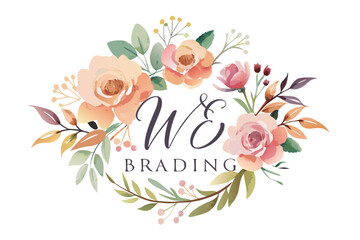 A set of elegant watercolor floral monogram logo designs featuring hand-painted botanical wreaths, pastel roses, peonies, and delicate greenery. Perfect for wedding invitations, luxury branding, femin