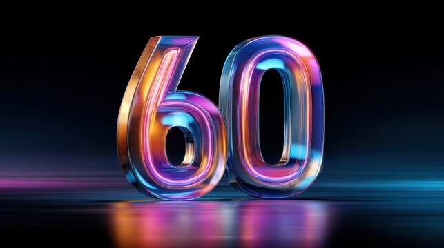 3D number 60 in neon colors on dark background