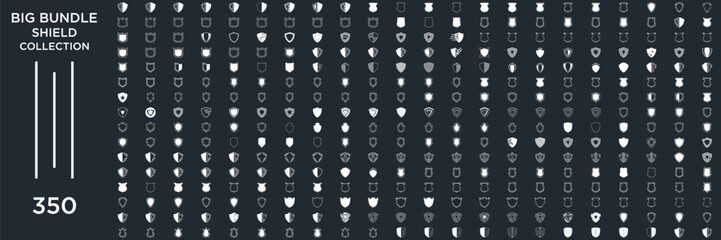 mega collection Shield icon set in vintage style. Protect shield security line icons. Badge quality symbol, sign, logo or emblem. Vector illustration