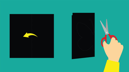 Black paper and folded in half black paper with scissors. Flat style vector illustration.
