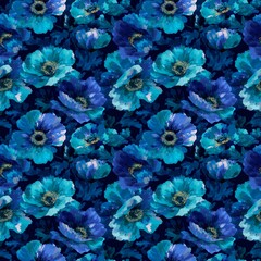 Bright seamless floral print with blue and light blue flowers