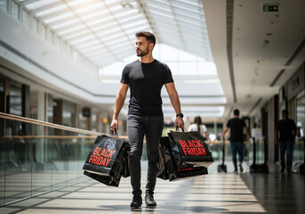 Confident man proudly carries multiple 'Black Friday' shopping bags through a brightly lit modern mall, embracing the thrill of great deals and retail therapy.