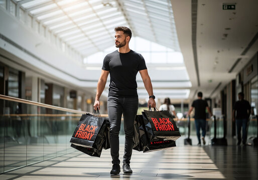 Confident man proudly carries multiple 'Black Friday' shopping bags through a brightly lit modern mall, embracing the thrill of great deals and retail therapy. - Powered by Adobe