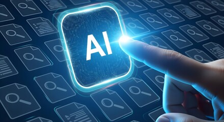 Human finger pressing a glowing blue ai button on a futuristic digital keyboard representing artificial intelligence technology advancement and innovation.