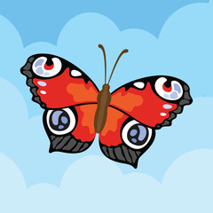 Butterfly vector illustration in cartoon style on blue sky background.