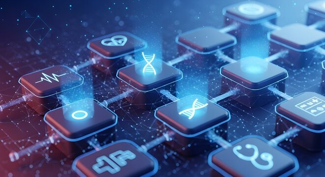Blockchain Healthcare Data Security with Medical Icons and Futuristic Digital Network
