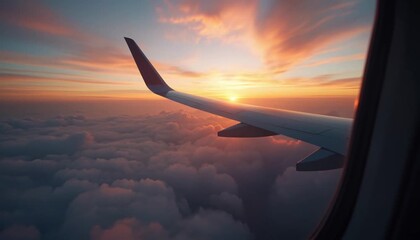 Wing of an airplane flying above the clouds with sunset sky. View from the window of the plane. Airplane, Aircraft. Traveling by air. Airplane flight. - Powered by Adobe