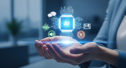 Futuristic ai technology hologram interface hovering over hands representing digital innovation and future connectivity in a modern environment