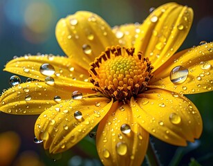 Close-up of a vibrant yellow flower covered in dew drops