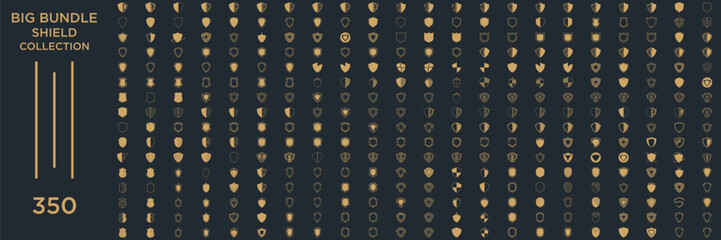 mega collection Shield icon set in vintage style. Protect shield security line icons. Badge quality symbol, sign, logo or emblem. Vector illustration