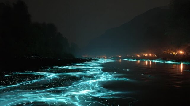 Magical bioluminescent phytoplankton lighting up a river at night with a stunning neon blue glow, creating a beautiful and surreal natural spectacle with shimmering lights in the water