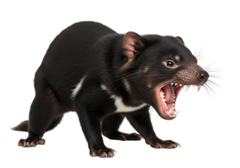 A ferocious Tasmanian devil, mouth agape, displays its sharp teeth against a stark black background.
