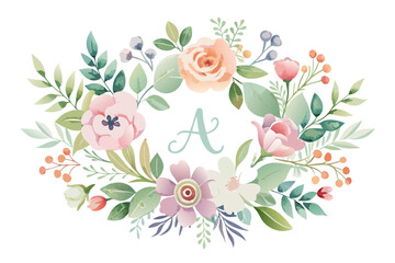 A set of elegant watercolor floral monogram logo designs featuring hand-painted botanical wreaths, pastel roses, peonies, and delicate greenery. Perfect for wedding invitations, luxury branding, femin