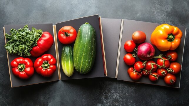 Vibrant vegetables arranged on open books