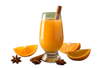 Orange cinnamon drink with orange slices isolated on white background