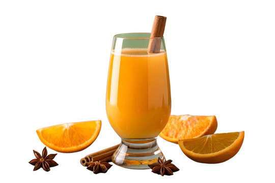 Orange cinnamon drink with orange slices isolated on white background