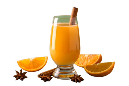 Orange cinnamon drink with orange slices isolated on white background