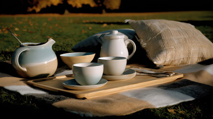 Cozy Outdoor Tea Setup with Elegant White Ceramics and Soft Textiles