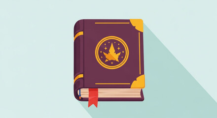 Illustration of a magical book with a star emblem and gold accents, perfect for fantasy stories and enchanted tales on a light blue backdrop
