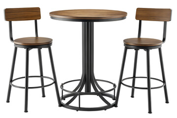 Rustic bar table and stools isolated on white background