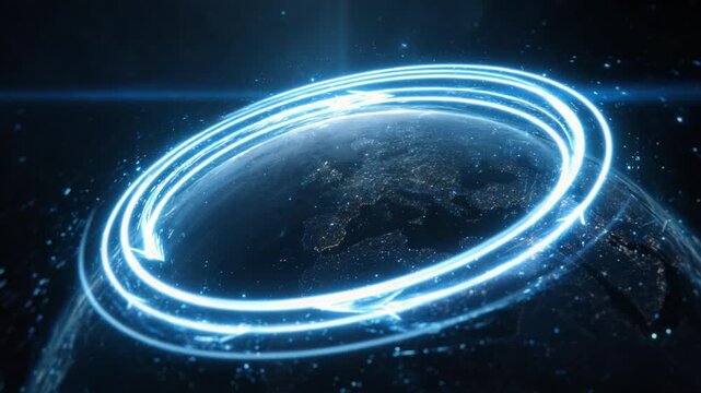 Bright blue neon arrows circling planet Earth at night, visualizing global network connections, data transmission, and international communication with city lights glowing from the surface