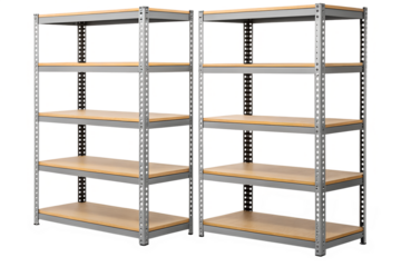 Two empty metal shelving units isolated on white background