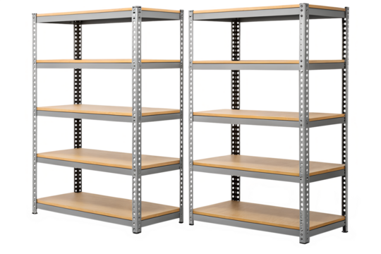 Two empty metal shelving units isolated on white background