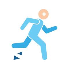 A light blue stick figure running with a peach colored head and dark blue triangles behind the feet.