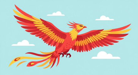 Fototapeta premium A vibrant phoenix soars through a serene blue sky, its fiery plumage a symbol of rebirth and hope, set against fluffy white clouds