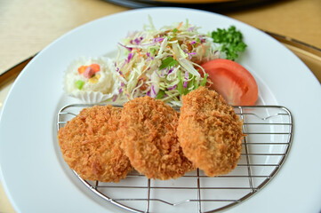 Close-up of tonkatsu with salad vegetables. Breaded deep-fried pork and raw vegetables. Japanese cuisine. Food and beverage concept. Food background.