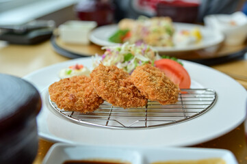 Close-up of tonkatsu with salad vegetables. Breaded deep-fried pork and raw vegetables. Japanese cuisine. Food and beverage concept. Food background.