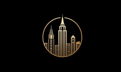 Fototapeta premium Golden Skyline - A Minimalist Cityscape Logo Design in Circular Frame.