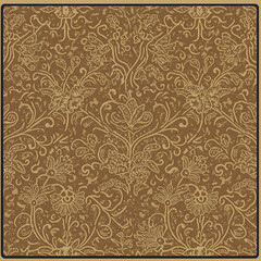 Intricate floral pattern featuring stylized flowers, leaves, and swirling vines, in a vintage style.