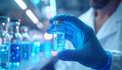 Scientist's Research: A gloved hand delicately holds a vial of luminous liquid, against a backdrop of laboratory equipment. The scene epitomizes precision, discovery.