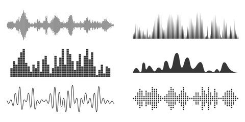 Sound radio wave set grayscale set icon, voice message podcast audio recording set. Music waveform pulse, equalizer rhythm symbol. Record level vibration. © Alyona