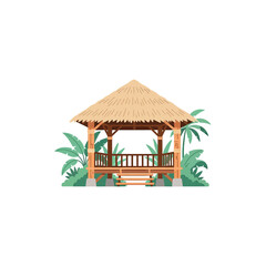 Fototapeta premium A charming wooden gazebo with a thatched roof, surrounded by lush tropical foliage and palm trees.