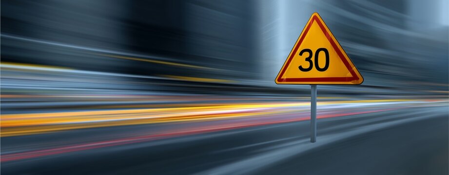 Speed Limit Beacon: A vibrant, yellow speed limit sign stands prominently against a backdrop of blurred motion, with streaks of light from passing vehicles emphasizing the need for mindful driving