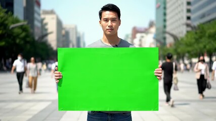 Man holding blank green screen board in city street. Customizable chroma key sign for compositing messages, ads, or graphics. - Powered by Adobe