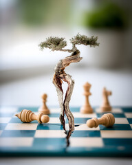 Unique Bonsai Tree Sculpture on Chessboard Surrounded by Chess Pieces