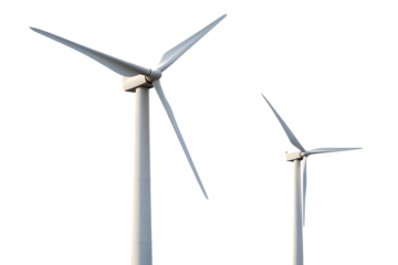 Renewable energy concept, powerful wind turbines generating clean electricity in a bright white environment, symbolizing sustainable power generation and environmental preservation
