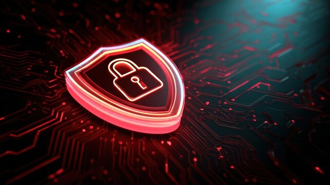 Digital Security Shield with Padlock on Circuit Board Background in Neon Red and Blue Colors