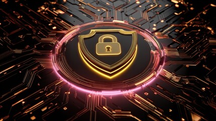 Digital Security Shield with Padlock Symbol on Circuit Board Background for Technology Concepts